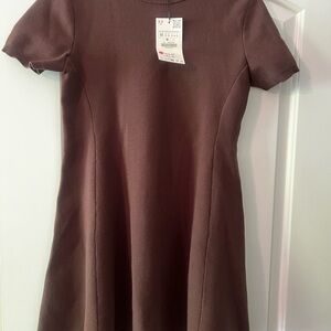 Zara Chocolate Brown Short-Sleeve A-Line Mini Dress